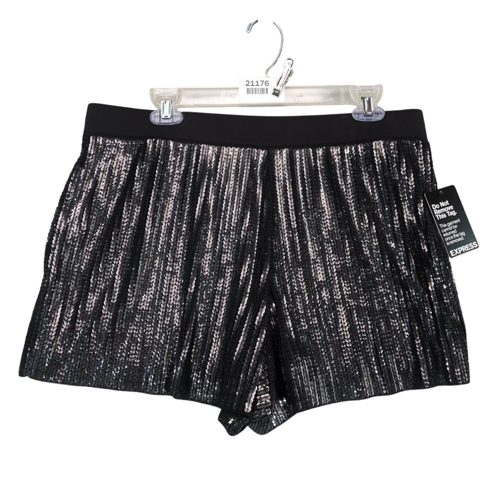 NWT Express Black Sequin Party 2.5" Shorts Women's L Elastic Waist Glam Showgirl